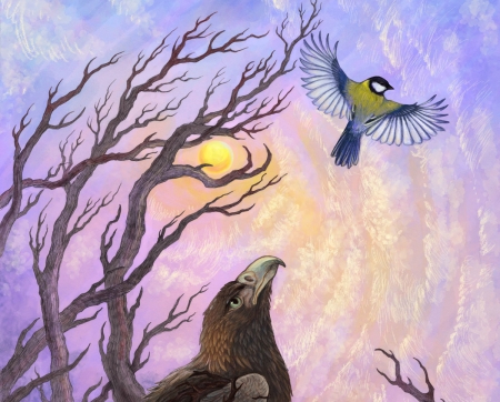 Will you come back? - hontor, blue tit, pink, fantasy, eagle, sunset, pitigoi, wings, art, luminos