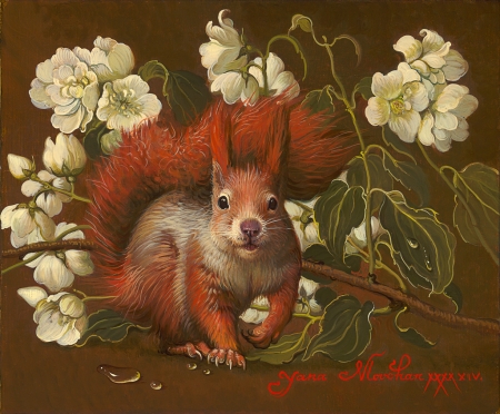 Squirrel and jasmine - jasmine, flower, veverita, white, red, painting, yana movchan, art, squirrel