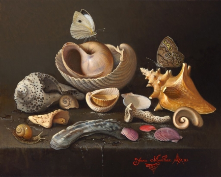 Seashells and butterflies - butterfly, black, seashell, yana movchan, painting, art