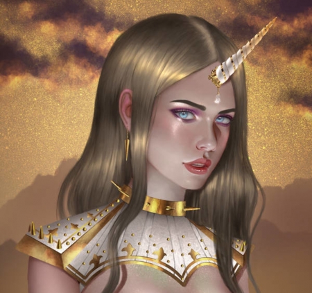 Unicorn - face, fantasy, aoleev, golden, luminos, girl, unicorn