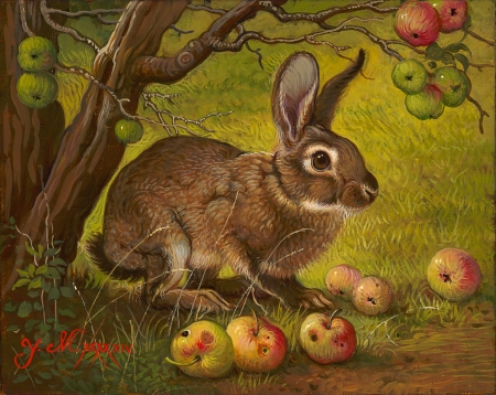 By the apple tree - painting, art, rabbit, iepure, bunny, apple, yana movchan, fruit