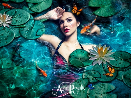 Mermaid - lotus, peste, water, summer, girl, flower, frumusete, fantasy, siren, mermaid, green, butterfly, adararosalie, fish, vara, luminos