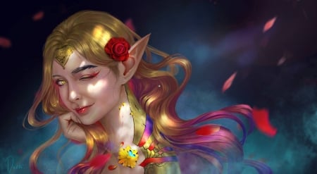 Elf - yellow, blue, girl, blonde, flower, elf, colorful, thao anh, fantasy, red, art, luminos, jidu276