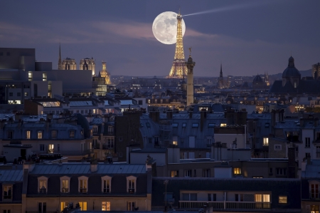 Moon Tower - moon, paris, night, france, luna, eiffel tower