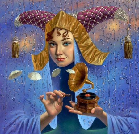 Music of the rain - blue, girl, pink, michael cheval, fantasy, umbrella, hand, painting, surreal, golden, art, luminos