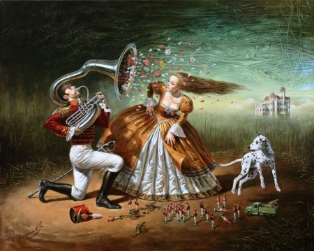 :) - painting, michael cheval, butterfly, art, couple, luminos, dog, fantasy