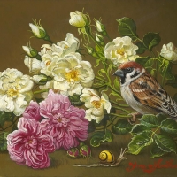 Roses and a sparrow