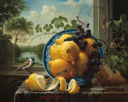 Beside the window - bird, yellow, blue, grapes, painting, fruit, yana movcha, art, lemon