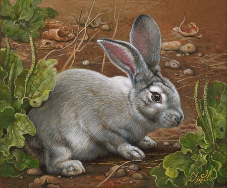 Blue bunny - painting, brown, art, rabbit, blue bunny, yana movcha, green