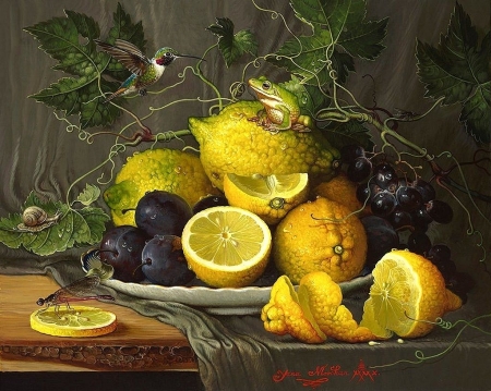 Born to crawl can't fly - bird, yellow, pasari, painting, fruit, yana movcha, art, lemon, frog