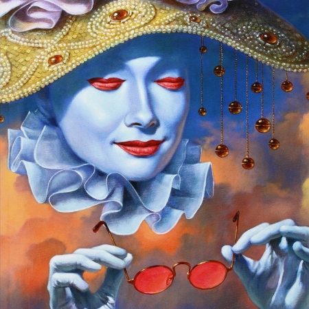 Dreams - blue, girl, dreams, michael cheval, hand, red, painting, face, art