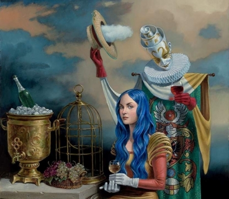 Echo of the Golden Age - painting, michael cheval, art, girl, couple, blue, fantasy