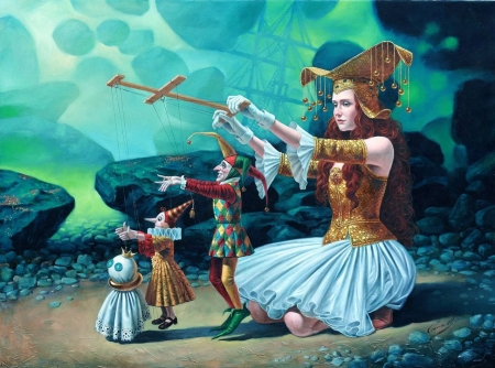 Evolution - michael cheval, blue, green, painting, evolution, girl, puppet, art