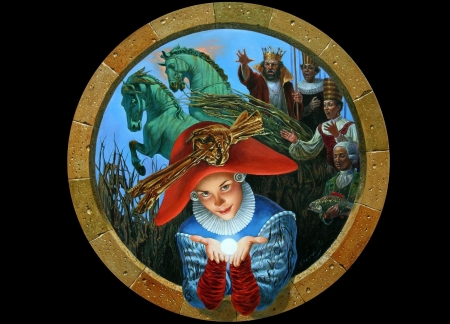 La esencia de un sueno - blue, girl, dream, michael cheval, black, fantasy, red, painting, art