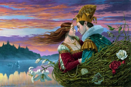 Love - love, couple, girl, rose, fantasy, painting, art, michael cheval, nest, lily, man, flower