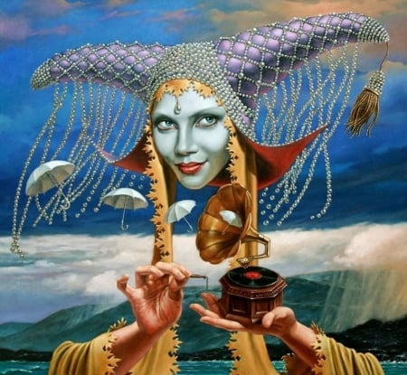 Melody of the rain - blue, girl, michael cheval, fantasy, white, umbrella, red, painting, rain, face, art