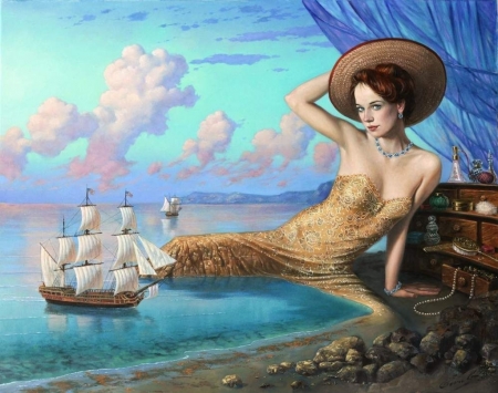 Mirror of reminiscence - hat, girl, water, painting, art, ship, michael cheval, blue, luminos, golden, sea, dress