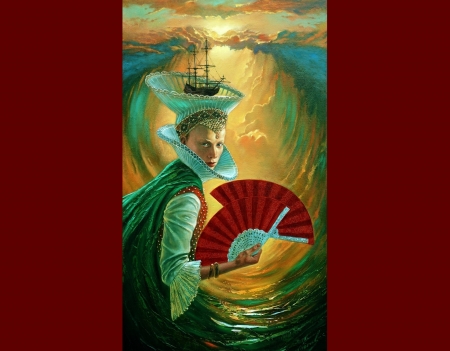 :) - hand fan, water, ship, girl, sea, michael cheval, fantasy, green, red, painting, art