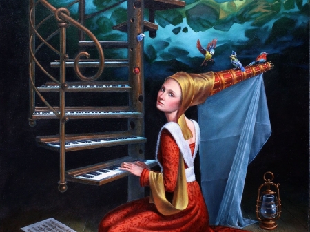 :) - piano, bird, blue, girl, blue tit, michael cheval, pasari, fantasy, stairs, pitigoi, red, painting, art