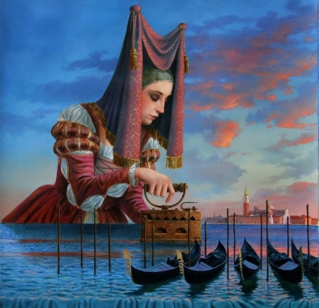 :) - girl, water, fantasy, painting, ship, michael cheval, art, luminos, blue