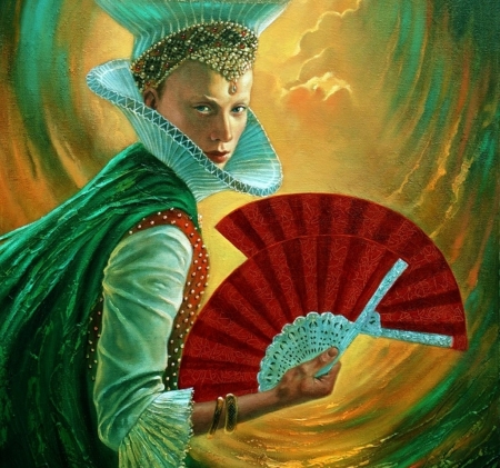 :) - michael cheval, hand fan, fantasy, yellow, red, green, girl, luminos