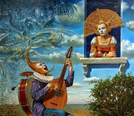 Serenade - blue, girl, orange, man, michael cheval, fantasy, instrument, serenade, painting, couple, art, luminos