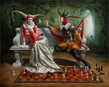 Trojan defense - girl, couple, fantasy, painting, chess, michael cheval, art, red, luminos, man