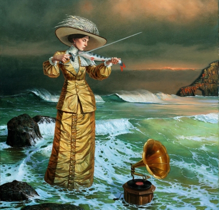 Song of the island sirens - hat, girl, water, instrument, funny, fantasy, painting, art, michael cheval, fish, sea