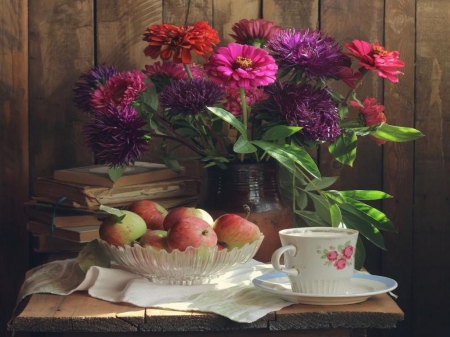 Still life with flowers - Table, Cup, Fruits, Flowers, Bouquet