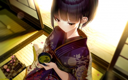 :) - manga, anime, girl, tea, kimono, cup, atha