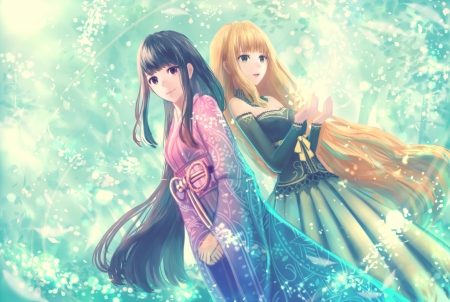 Two girls - girl, couple, pink, blu nin, blue, anime, manga