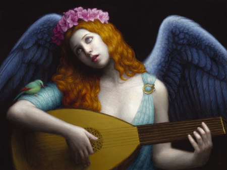 Angel - bird, blue, chie yoshii, girl, angel, flower, pink, black, pasari, fantasy, instrument, wreath, painting, wings, art, luminos