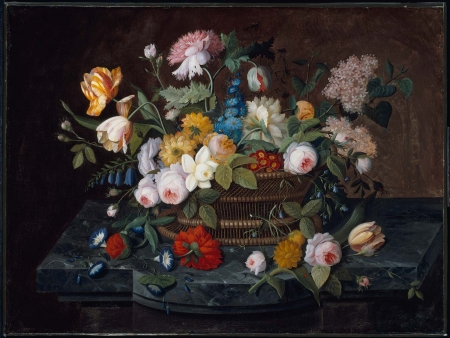 Flowers in a basket - painting, art, pictura, basket, still life, flower