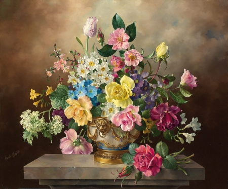 Flowers - harold clayton, rose, still life, vase, painting, art, yellow, pink, pictura, flower