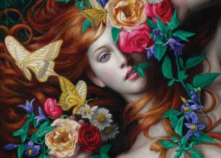 :) - yellow, chie yoshii, girl, flower, pictura, fantasy, redhead, red, green, painting, butterfly, rose, art, luminos