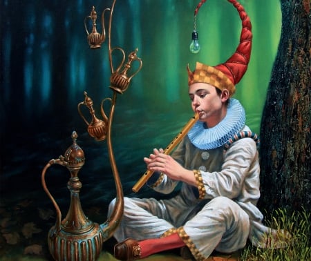 :) - flute, fantasy, painting, michael cheval, art, red, boy, pictura, green