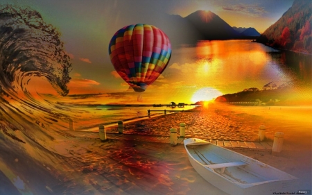 Hot air baloon - Sunset, Wave, Boat, Balloon, Sea