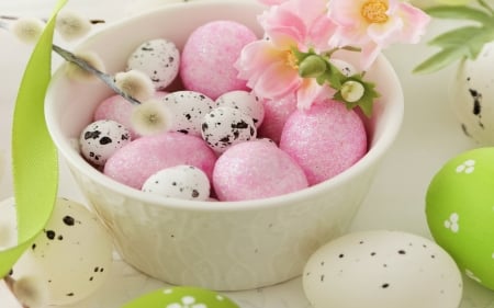 Happy Easter! - easter, white, bowl, green, egg, flower, pink