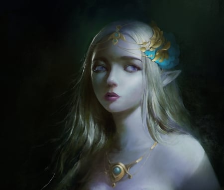 Princess - princess, elf, girl, jewel, frumusete, black, fantasy, chinzoo chinzoo, face, art, luminos, blue