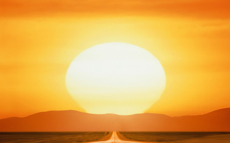 Big Sun - scenic, landscape, sun, sunset, mountains, road, nature, scenery, sunrise, setting