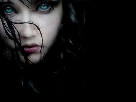 Mysterious girl - face, black, hair, blue, eyes