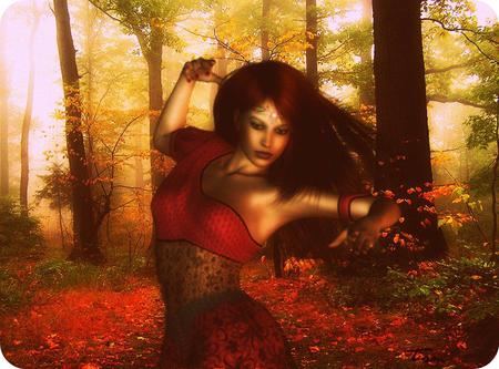 Forest Elf - red, forest, lady, fantasy, abstract