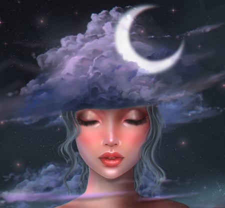 Nocturne - moon, girl, fantasy, face, white, heszperia, cloud, blue, luminos, luna