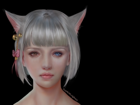 Cat girl - nyankola, cat, girl, pisici, frumusete, black, fantasy, superb, ears, face, white, gorgeous, pink, luminos