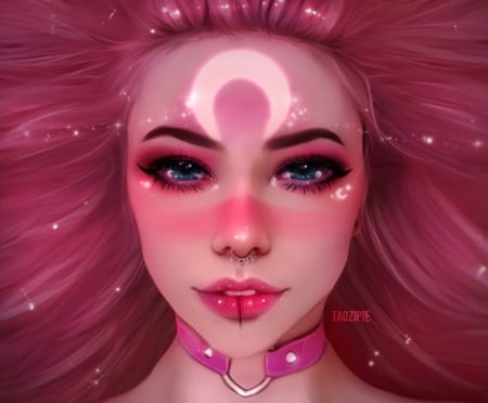 Moon - moon, fantasy, girl, taozipie, face, pink, luna