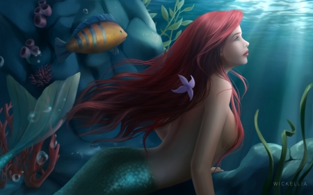 Ariel - ariel, redhead, vara, summer, fantasy, underwater, wickellia, siren, blue, luminos, mermaid, fish