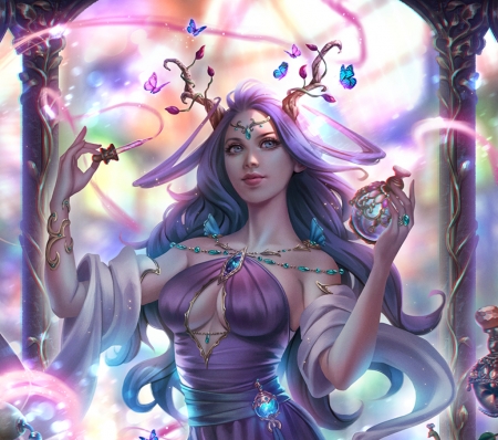 Perfume Goddess - girl, perfume goddess, fantasy, horns, zolaida, purple, blue, luminos, pink, bottle