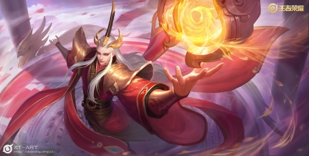 Wizard - exia xiaotong, fantasy, hand, wizard, men, yellow, red, magical