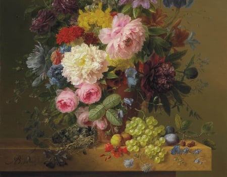 Fruits, flowers and a nest