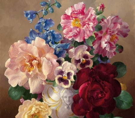 Flowers - blue, flower, pink, still life, red, painting, rose, art, arnoldus bloemers